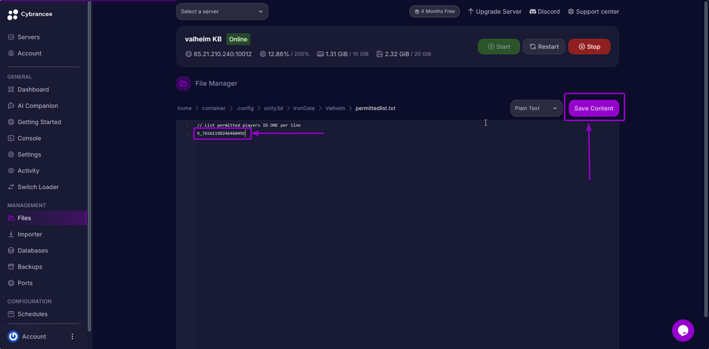 Pasting the player ID to the Code editor and save the file.