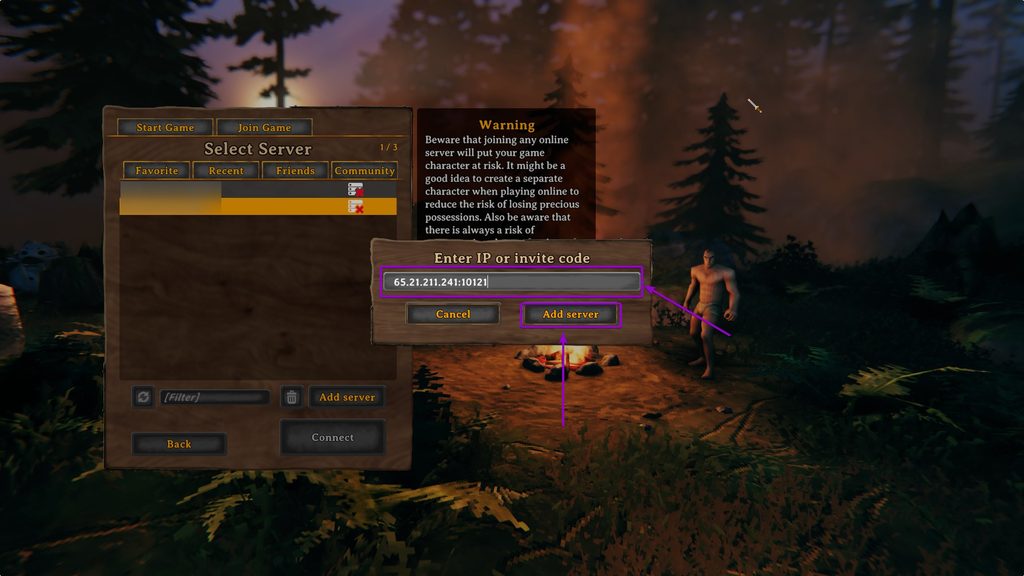 Select the input box and paste your server ip and port, and click add server button on Valheim Game