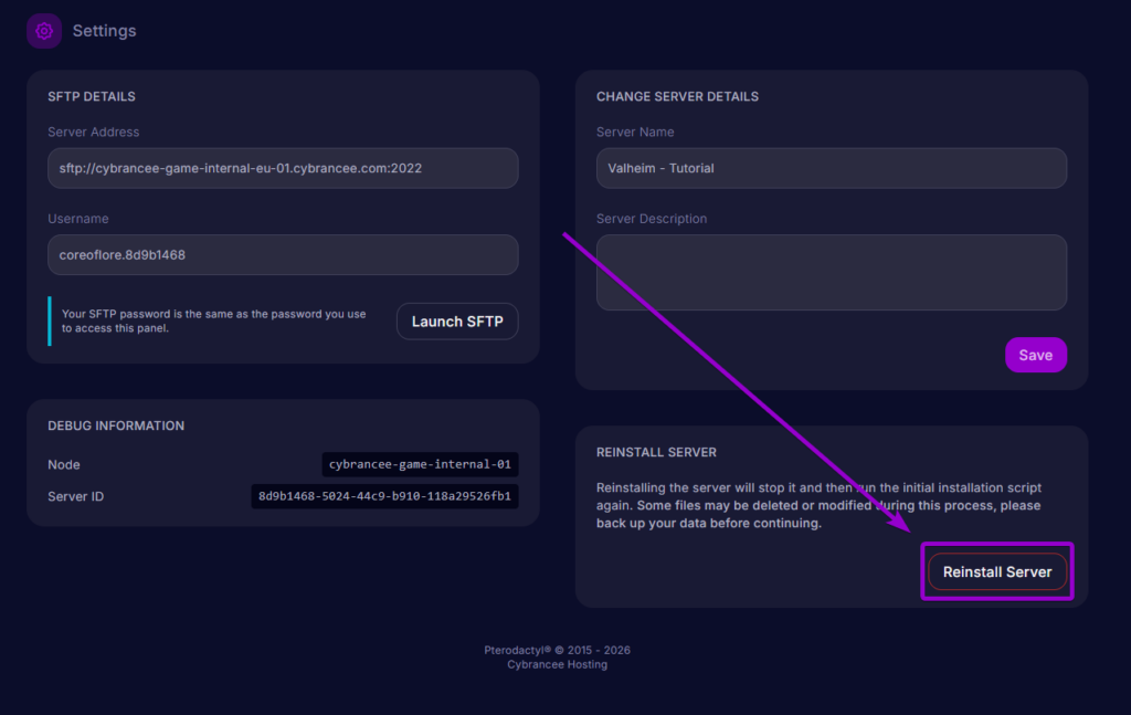 Clicking the Reinstall Server button inside the server Settings menu