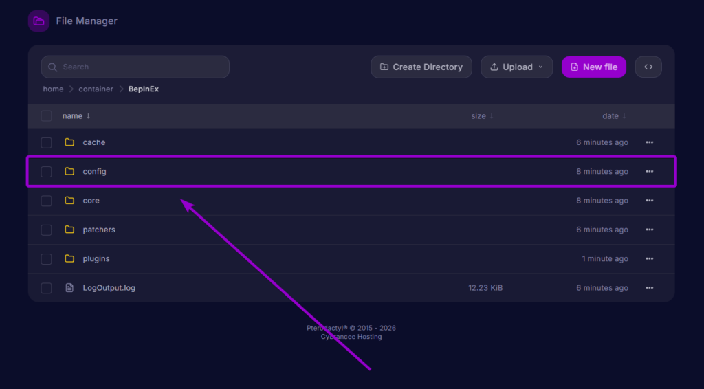 Selecting the config folder inside the BepInEx directory in the server file manager