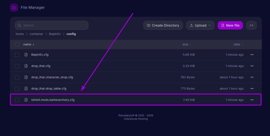 Selecting ishid4.mods.betterarchery.cfg inside the BepInEx config directory in the server file manager
