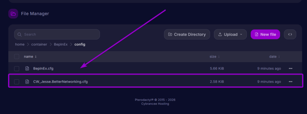 Selecting CW_Jesse.BetterNetworking.cfg inside the BepInEx config directory in the server file manager