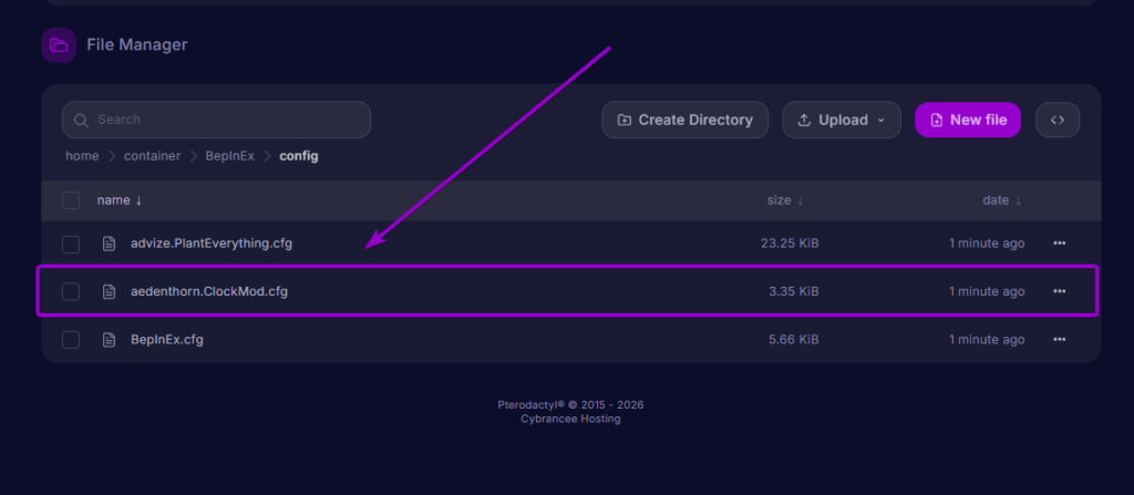Selecting aedenthorn.ClockMod.cfg inside the BepInEx config directory in the server file manager