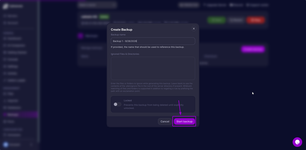 Select the Start Backup button to start the backup on the Cybrancee Game Panel