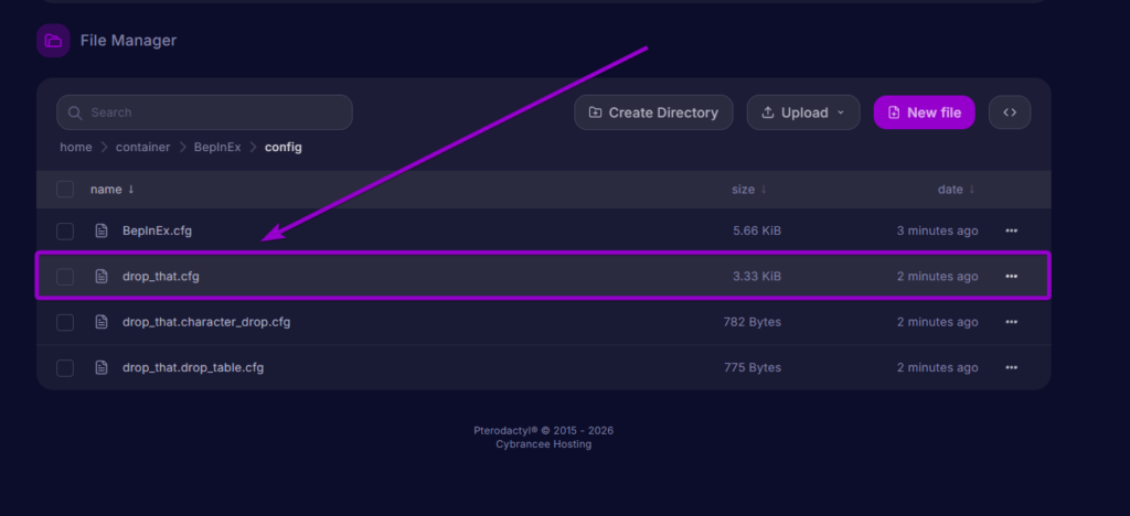 Selecting drop_that.cfg inside the BepInEx config directory in the server file manager