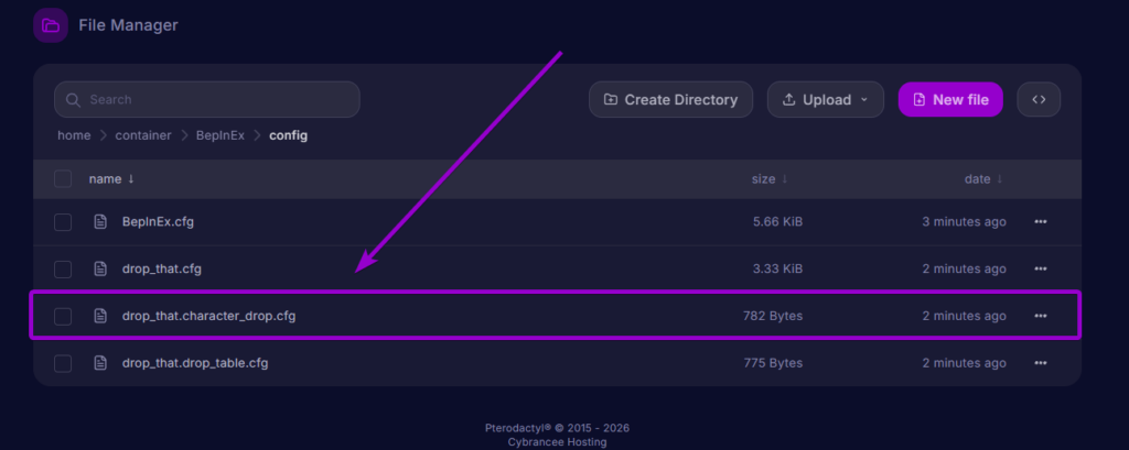 Selecting drop_that.character_drop.cfg inside the BepInEx config directory in the server file manager