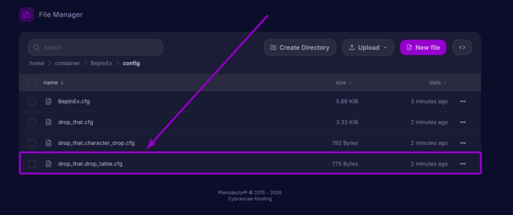Selecting drop_that.drop_table.cfg inside the BepInEx config directory in the server file manager