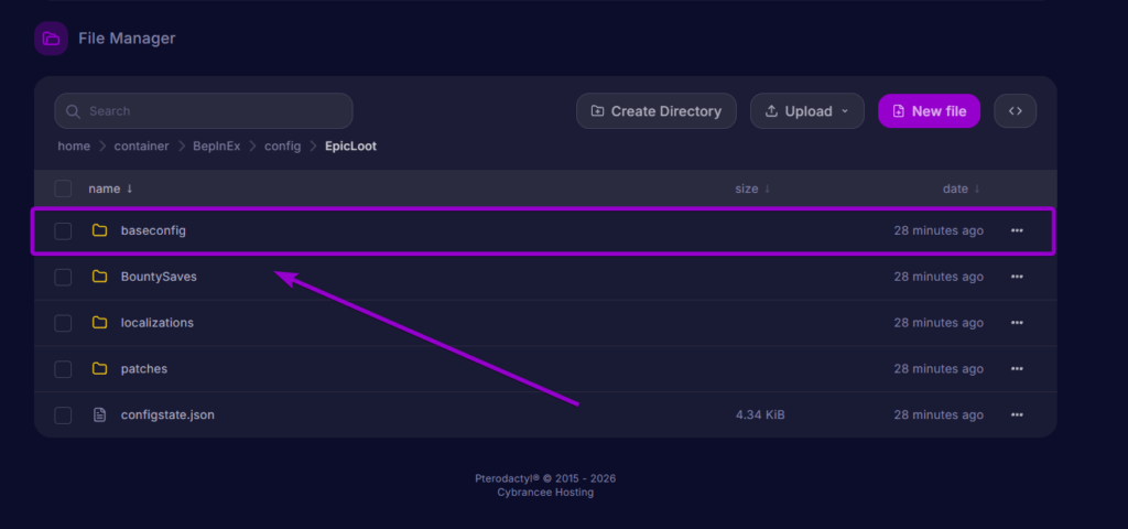 Selecting the baseconfig folder inside the EpicLoot configuration directory in the server file manager