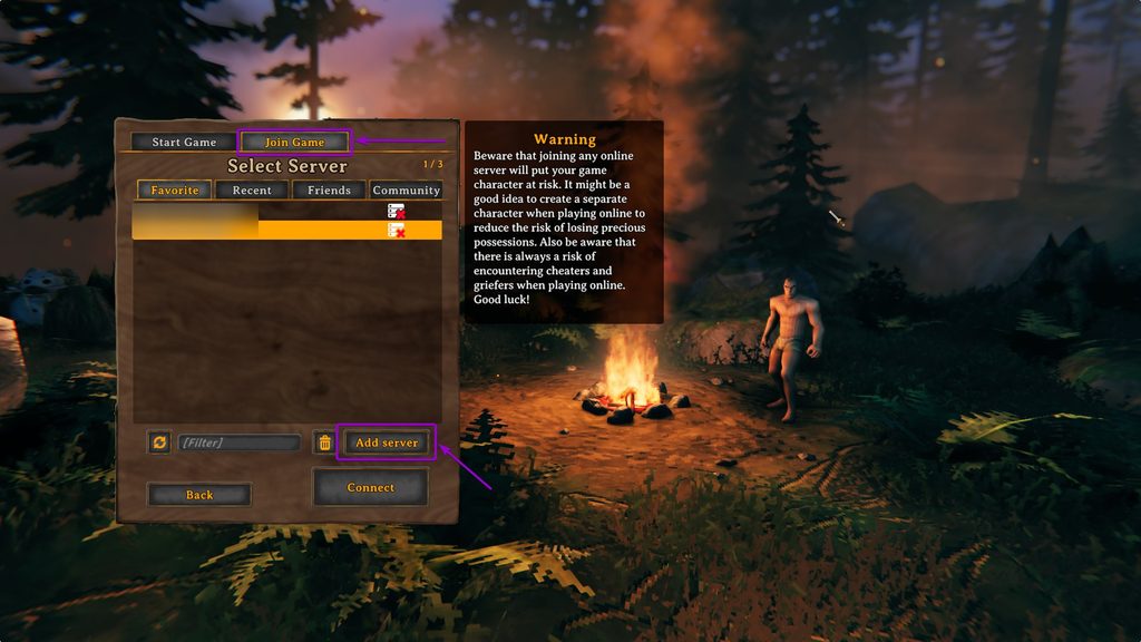 Select Join Server Tab and Click Add Server to Valheim Game