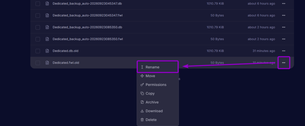 Selecting rename option through context menu