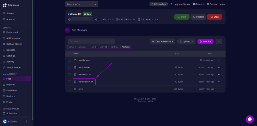 Locating the permittedlist.txt on the Cybrancee File Manager