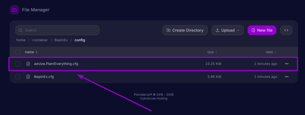 Selecting advize.PlantEverything.cfg inside the BepInEx config directory in the server file manager