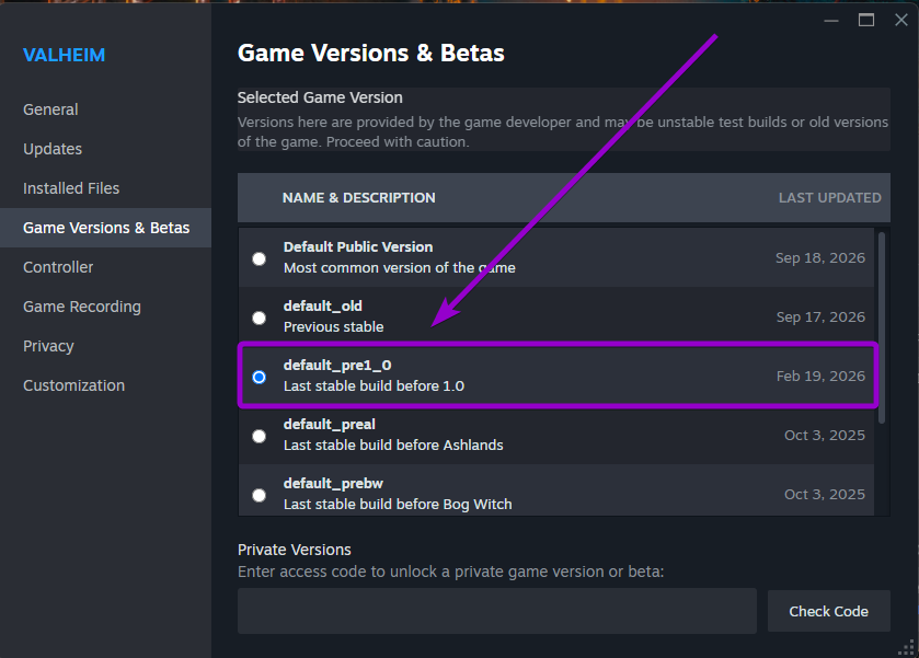 Selecting the default_pre1_0 beta branch option inside Steam game properties