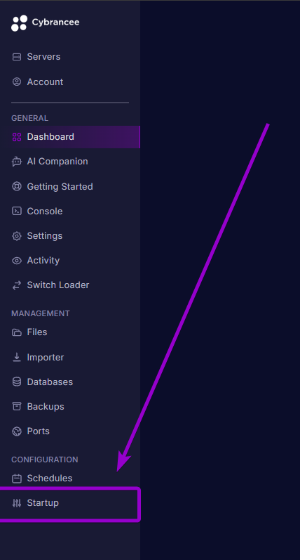 Selecting the Startup tab under Configuration in the left sidebar menu