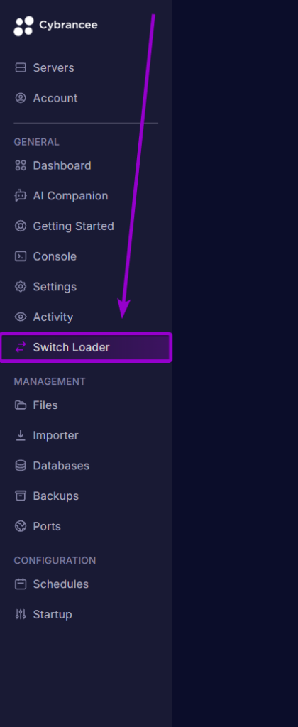 Selecting the Switch Loader tab under General in the Cybrancee control panel sidebar menu