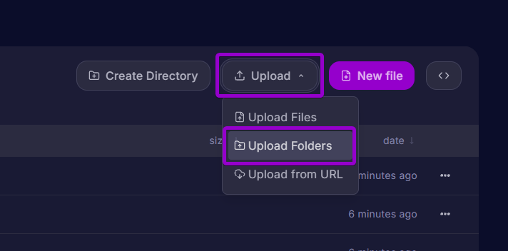 Selecting the Upload Folders option from the upload dropdown menu in the server file manager