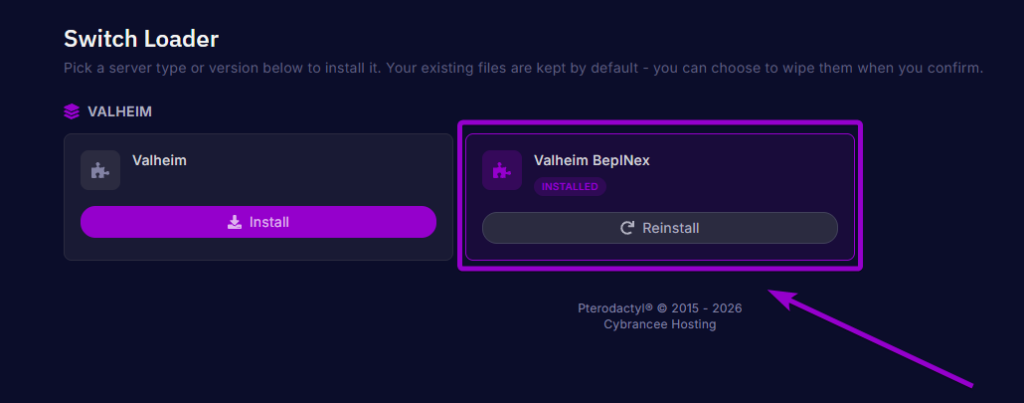 Selecting and verifying the Valheim BepInEx loader installation option on the Switch Loader page