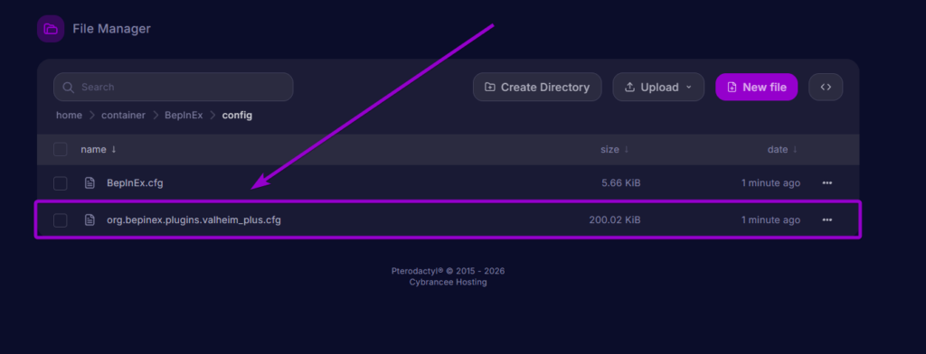 Selecting the org.bepinex.plugins.valheim_plus.cfg configuration file inside the BepInEx config directory
