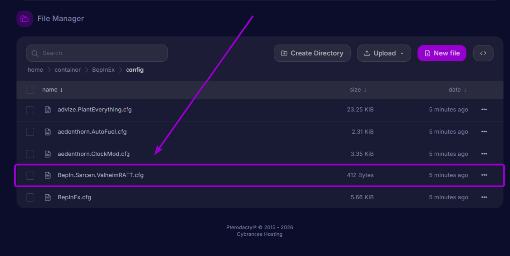Selecting BepIn.Sarcen.ValheimRAFT.cfg inside the BepInEx config directory in the server file manager
