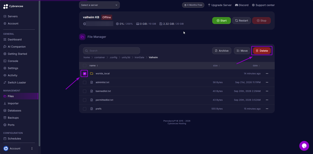 Select world_local File and Select Delete Button in the Cybrancee Valheim Panel