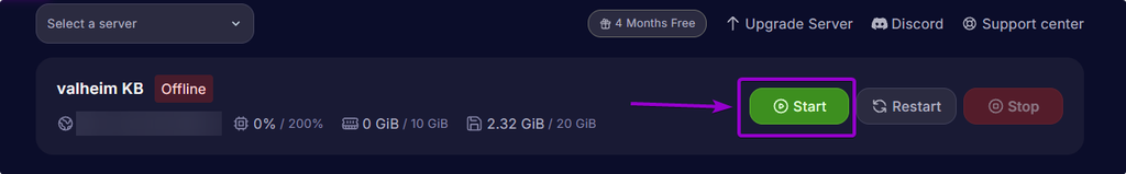 Click the Start Button to start the server in the Cybrancee Valheim Panel