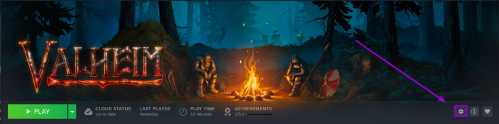 Clicking the gear settings icon on the Valheim game page in the Steam desktop client