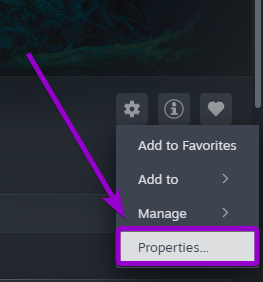 Selecting Properties from the Steam game management drop-down menu