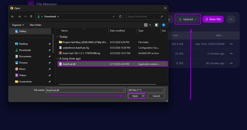 Selecting and uploading AutoFuel.dll to the BepInEx plugins directory in the server file manager