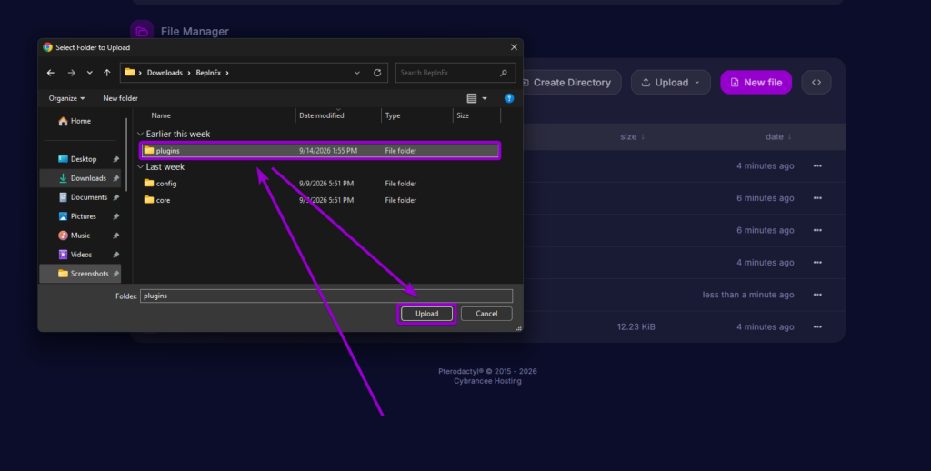 Selecting and uploading the plugins folder inside BepInEx to the server directory
