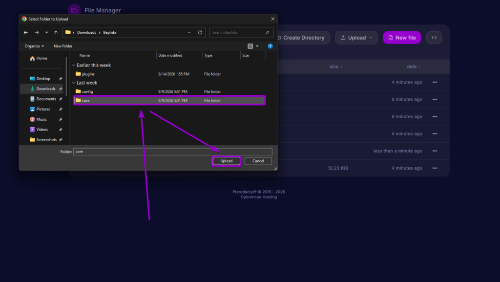 Selecting and uploading the core folder inside BepInEx to the server directory