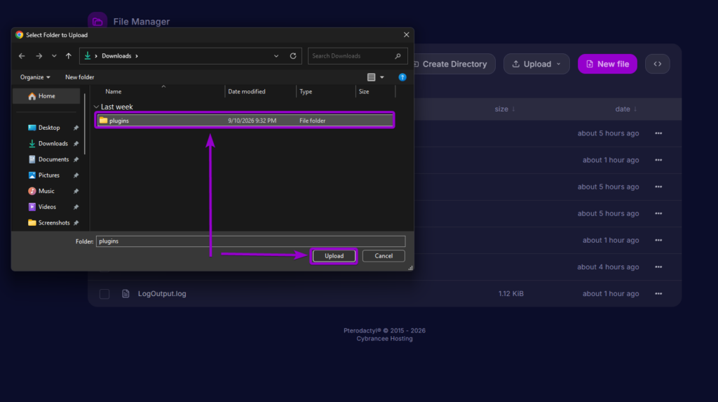 Selecting and uploading the plugins directory in the server control panel file manager
