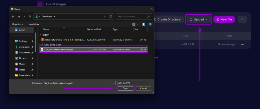 Uploading CW_Jesse.BetterNetworking.dll to the server plugins folder in the file manager