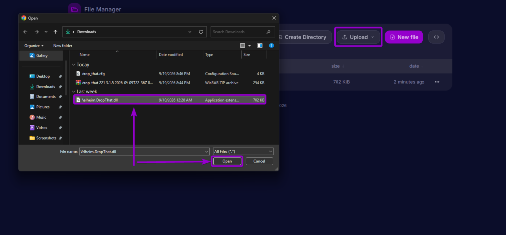 Selecting and uploading Valheim.DropThat.dll into the server plugins directory