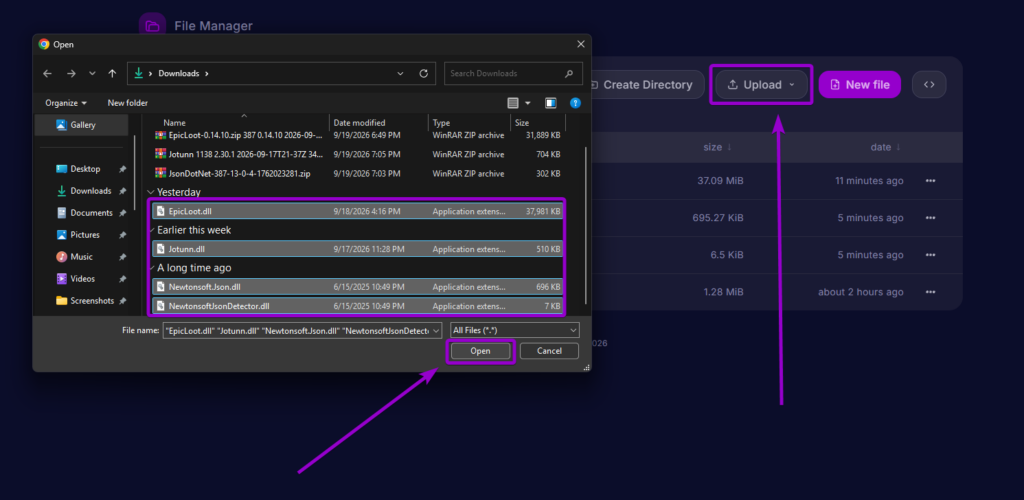 Selecting EpicLoot, Jotunn, and Newtonsoft DLL files in the file upload prompt