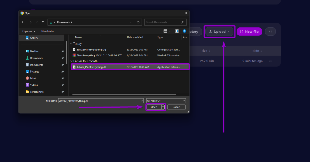 Selecting and uploading Advize_PlantEverything.dll to the BepInEx plugins directory in the server file manager