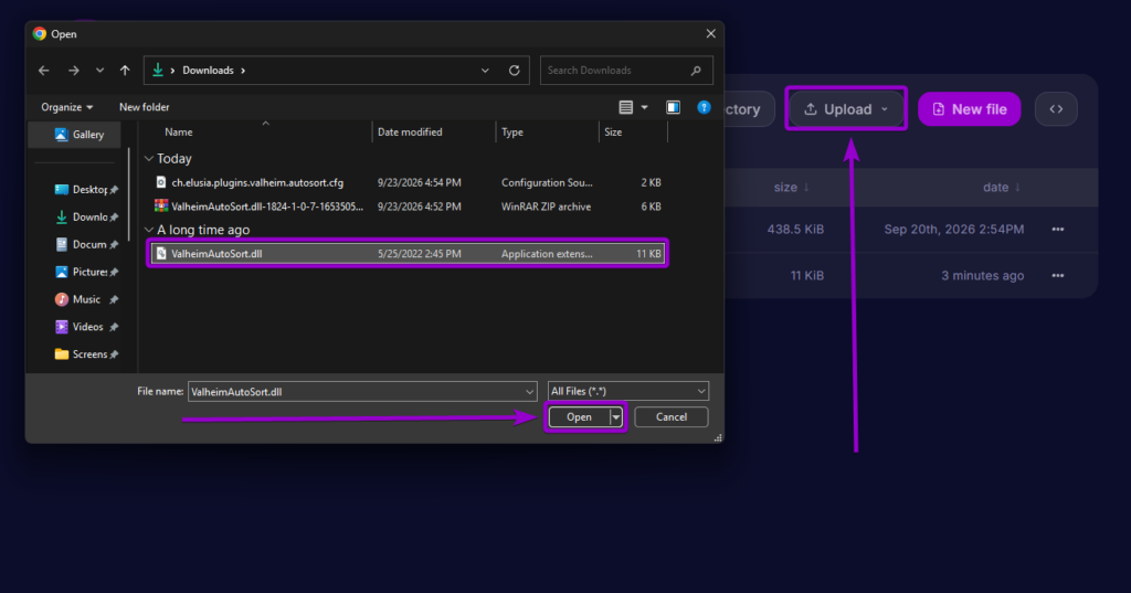 Selecting and uploading ValheimAutoSort.dll to the BepInEx plugins directory in the server file manager