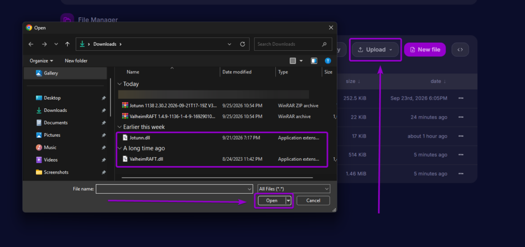 Selecting and uploading Jotunn.dll and ValheimRAFT.dll to the BepInEx plugins directory in the server file manager