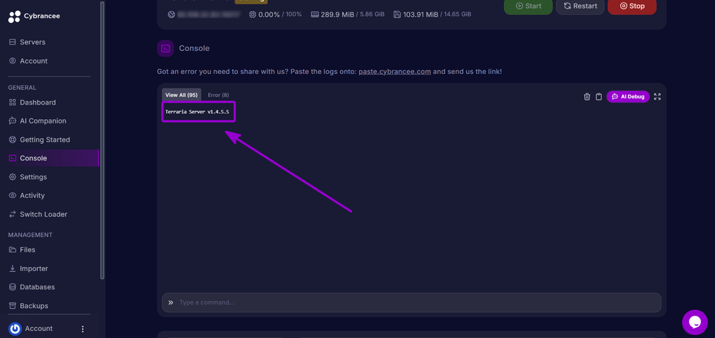 Verifying the Hardmode activation confirmation in the server console output.
