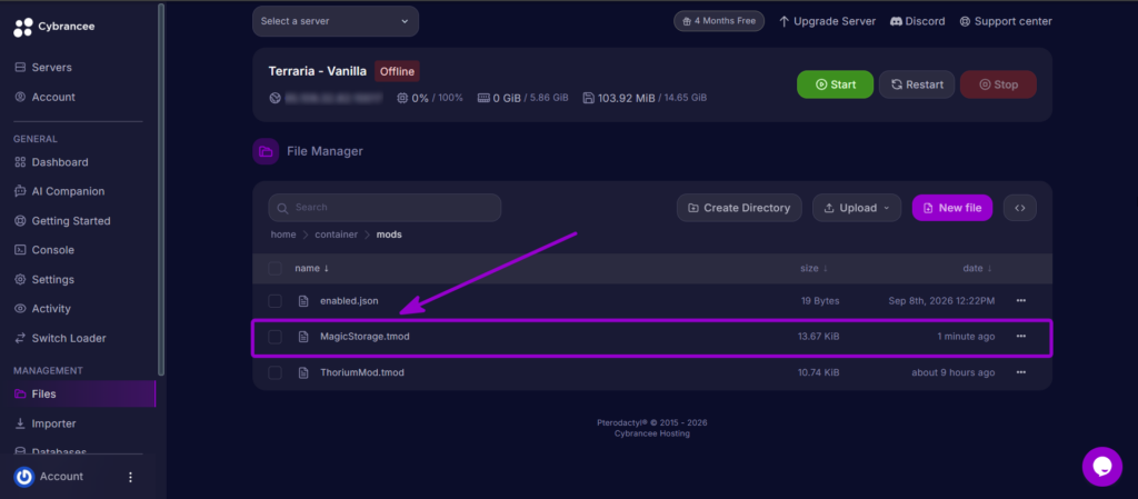 Verifying the uploaded MagicStorage.tmod file inside the mods directory.