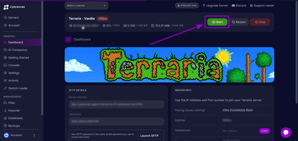 Checking the server online status indicator on the Cybrancee dashboard header.
