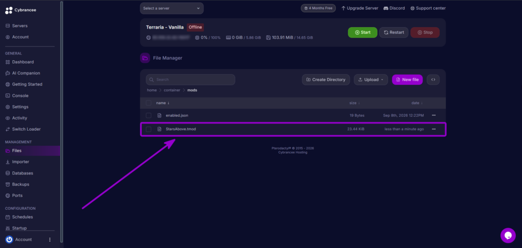 Cybrancee Panel Terraria Mods Folder Stars Above File Row Outlined With Arrow