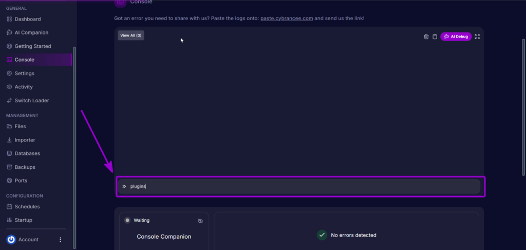 Executing the plugins command in the console to verify active TShock plugins.