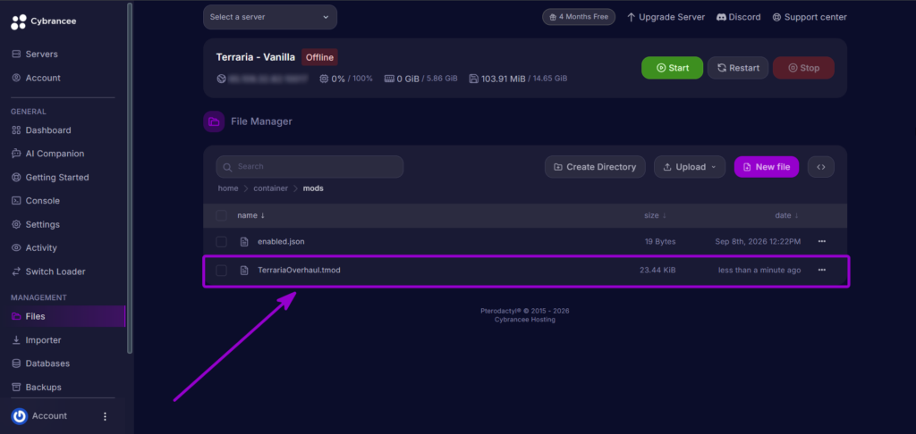 Cybrancee Panel Terraria Mods Folder Terraria Overhaul File Row Outlined With Arrow