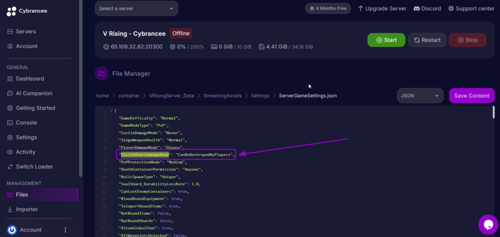 Vrising CastleHeartDamageMode in Server Game Settings