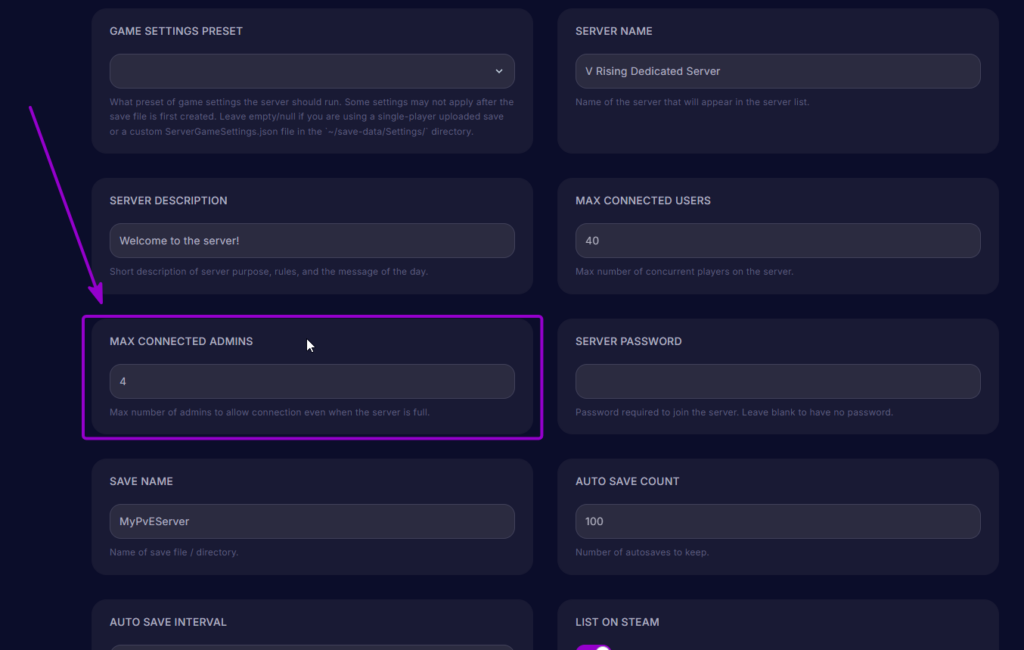 Vrising Max Connected Admins Setting