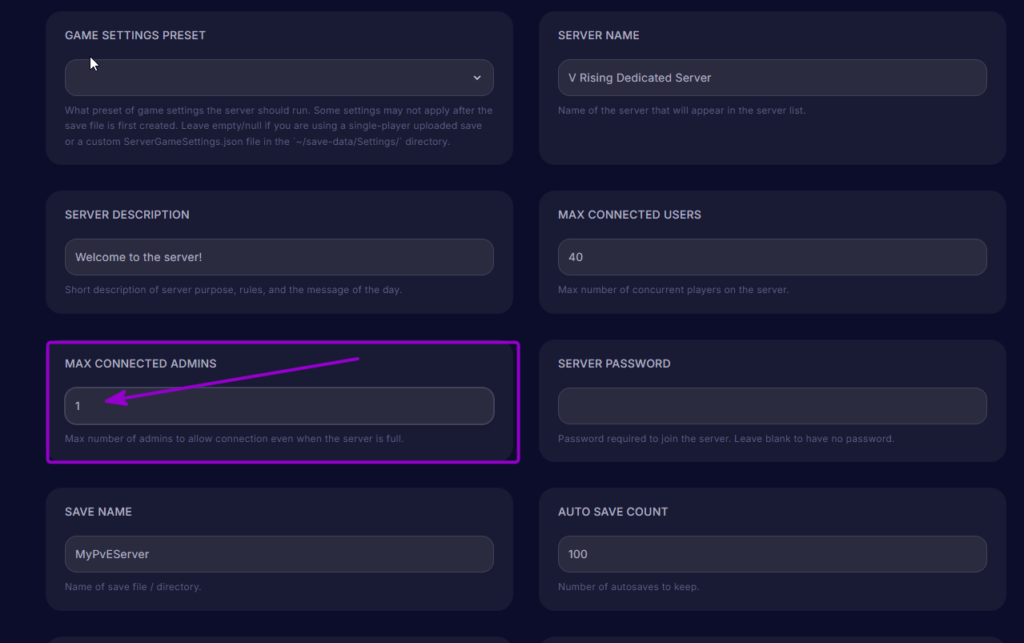 Vrising Max Connected Admins set to 1