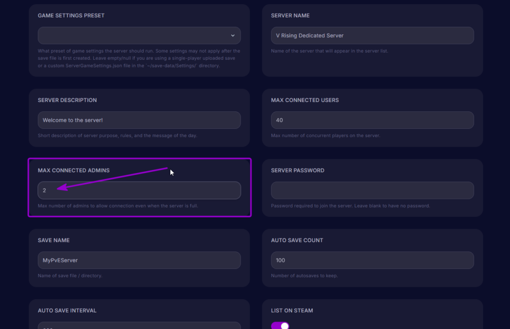Vrising Max Connected Admins set to 2