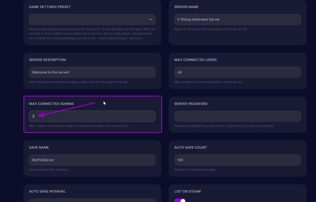 Vrising Max Connected Admins set to 3