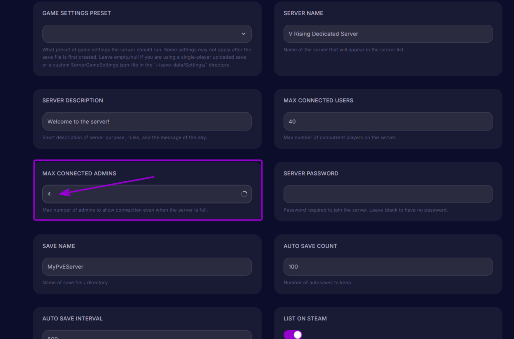 Vrising Max Connected Admins set to 4