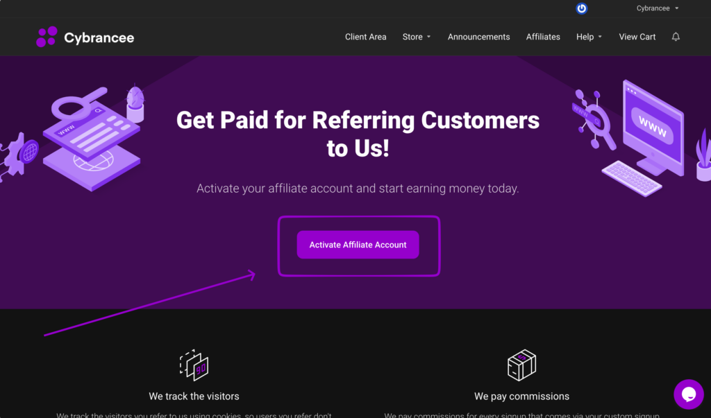 Activating affiliate links in Cybrancee client area.